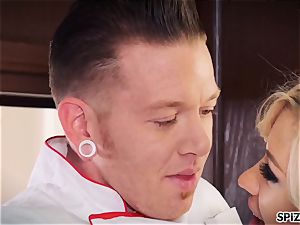 Jessica gets a uber-cute penetrate by her Chef in the kitchen