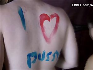 Collared unshaved unexperienced gets body painted by girlfriend